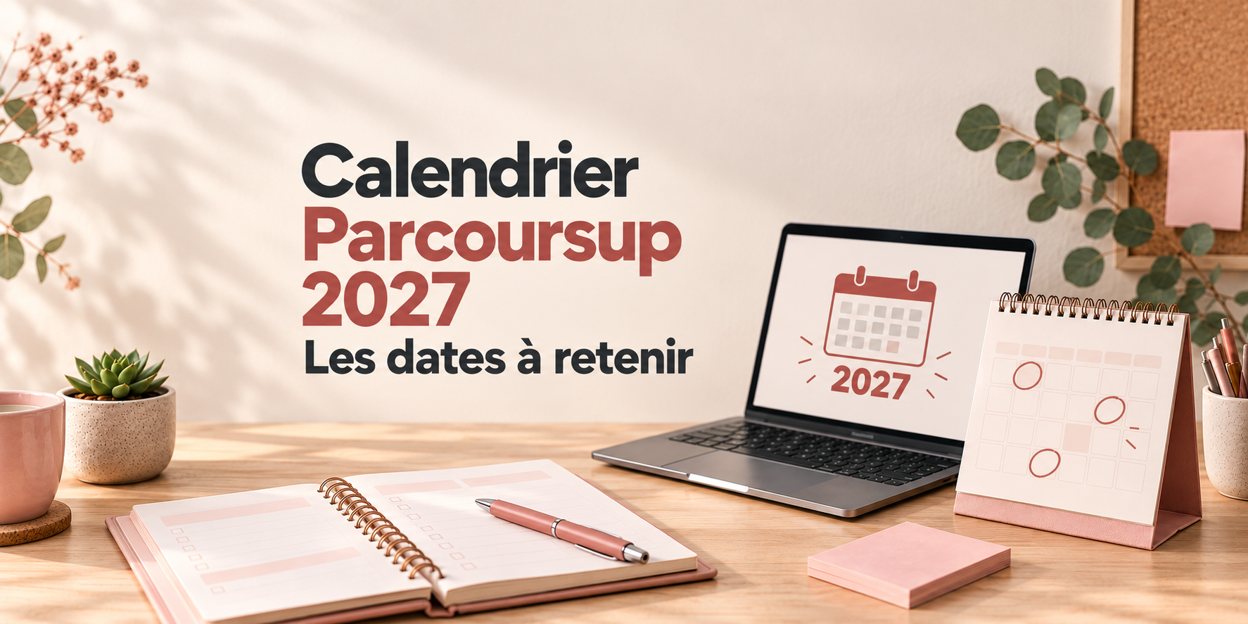 Calendrier Parcoursup 2027 : les dates à retenir, avec un agenda et un calendrier sur un bureau.